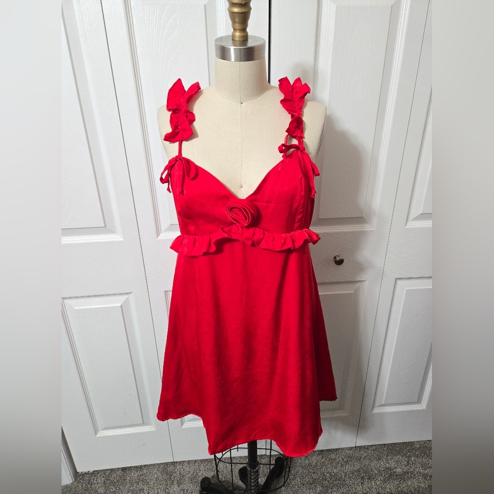 Wild Fable Red Sleeveless Dress, Rose On Chest, Ruffles On Straps, Sz Small, NWT